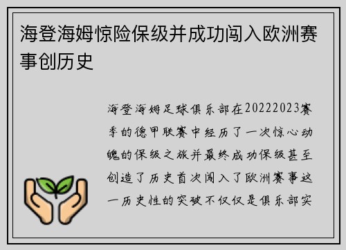 海登海姆惊险保级并成功闯入欧洲赛事创历史